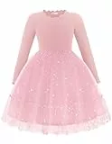 Arshiner Mädchen Kleider Tüll Glitzer Langarmkleid Kinder Faltenkragen A-Linie Partykleid Festliche Herbst Winter Freizeitkleid für Mädchen 6-7 Jahre Rosa