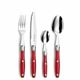 Lou Laguiole Steakbesteck | Steakmesser Set 24-teilig | Besteck für 6 Personen | Rot | Wellenschliff Messer Essbesteck | Besteck Set