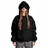 ZWDC Damen Kapuzenpullover mit Eingebauter Augenmaske Langarm Oversize Hoodie mit Kängurutasche und Ärmeltasche Frauen Einfarbige Freizeit Sweatshirt für Alltag und Zuhause