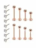 PiercingJak Lippenpiercing Labret Monroe Tragus Helix Piercings Rosegold Chirurgenstahl Stud Ohrringe mit Kugel Zirkonia Push In Ohrpiercing Stecker 1,2mm 6mm 8mm 10mm 12mm Punk Schmuck