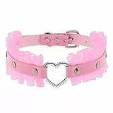 Flongo Damen Choker Spitze Halsband Leder Lace Pink Gothic Tattoo Kette breit Halskette Schmuck Herz O-Ring Lederhalsband Einstellbar für Mädchen Frauen Kinder Halloween Kostüm