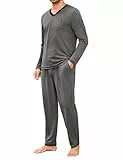 Marvmys Herren Schlafanzug Lang Pyjama Winter Pyjamas Männer Zweiteilige V-Ausschnitt Nightwear Set mit Taschen S-4XL