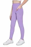 Arshiner Mädchen Leggings Lila Kinder Lang Sportleggins Violett Einfarbig Sporthose Basic Elastisch Leggings Jogging Training Yoga Hosen mit Taschen 150/11-12 Jahre