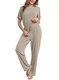 Wikoan Schlafanzug Damen Lang Pyjama Set Rippenstrick Kurzarm Top und Lange Hose mit Taschen Herbst Sommer Zweiteiler Nachtwäsche Khaki S