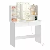 WOLTU Schminktisch mit Beleuchtung LED und Steckdosen, USB-A/USB-C, Schminktisch mit Spiegel, 2 Schubladen & 4 Ablagen, Moderner Frisiertisch für Schlafzimmer, 90x40 cm, Holz, Weiß