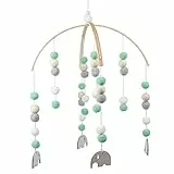 Kinderbett Filzball Mobile,Babybett Mobile Windspiel Rassel Spielzeug,Neugeborenen Kinderzimmer Hängende Bettglocke Holz Pom Pom Mobile Ornament für Kinderbett Baby Mädchen Jungen,Grün Elefanthänger