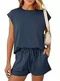 REORIA Damen Rundhalsausschnitt Jogginganzug Kurzarm Zweiteiler Trainingsanzug Hausanzug Sport Set Elegantes Outfit Lounge Set Marineblau M