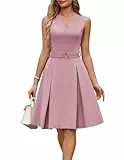 Damen Sommerkleid Elegant Ärmellos V-Ausschnitt Einfarbiges Knielang A-Linie Kleid mit Gürtel M Graurosa