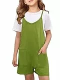 Tongmingyun Mädchen Sommer Ärmellos Casual Strampler Spaghettiträger Shorts Jumpsuit mit Taschen, Grün , 13-14 Jahre