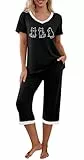 PrinStory Schlafanzüge Für Damen Kurzarm V-Ausschuss Schlafanzugoberteile Pyjamahose Mit Taschen Pyjama Set Nachtwäsche (Schwarz Weiße Katze, L)
