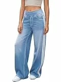 LaiEr Damen Jeans mit Weitem Bein Einzigartiges Color Block Design,Hoher Bund mit Gerader Schnitt,Geeignet für Freizeit Yoga und Fitness,Hochelastische Baggy Denimhose.(LightBlueNostalgicL)