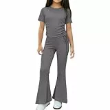 XINYUNZU Mädchen Bekleidungssets Sommer Outfit 2-Teilig T-Shirt und Schlaghose Set Zweiteiler Kinderkleidung Slim Fit Freizeitanzug Einfarbig Outdoor Mädchenbekleidung Kinder Dunkelgrau 9-10 Jahre