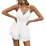 Pink Queen Damen Trägerkleid Halterneck Rückenfrei Rüschen Chiffon Overall Shorts Boho Sommer Lässige Playsuit Weiß S