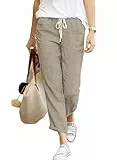 Hormtaer Hose Damen Leinen Sommerhose 7/8 Casual Leichte Baumwolle Leinenhose Stoffhose Bequeme Luftige Freizeithose Strandhose Mit Taschen (Khaki, XXL)