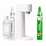 Sparpaket: Mysoda Woody - Wassersprudler aus erneuerbarem Holzkomposit mit 1L BPA-freier Plastikflasche, CO2-Zylinder Classic + CO2-Zylinder Apfel (Weiß)