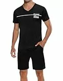 Marvmys Herren Schlafanzug Kurz Pyjama Baumwolle V-Ausschnitt Nightwear Sommer Nachtwäsche Pyjamaset Kurzarm T-Shirt Schlafanzughose Shorty