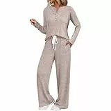 Generisch Schlafanzug Damen Lang, Flanell Pyjama Rundhals Fleece Pyjama Langarm Frottee Schlafanzug, Loungewear Zweiteiler Flauschig Lounge Anzug Mit Sweatshirt Und Hose Polar Pjs S-2Xl