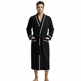 U2SKIIN Herren Bademantel 100% Baumwolle Leicht lang Bademantel Kimono Kragen Weich Hautfreundlich Spa Robe (Schwarz, 2XL/3XL)