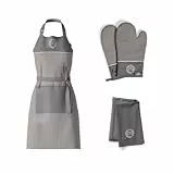 MasterChef 3er Set Geschirrtücher, Küchenschürze und Ofenhandschuhe Hitzebestaendig, Grau 100% Baumwolle mit Aufhängeschlaufen, Waschmaschinenfest, Erde Kolletion
