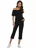 Totatuit Trainingsanzug Damen Sommer Tracksuit Kurzarm ärmel Tops und 3/4 Hose Schulterfreier Elastischer Bund Dehnbarer Jogginganzug Elegant Hausanzug Loungewear Zweiteiler Outfit Set