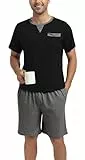 Enjoyoself Schlafanzug Herren Kurz Pyjama Baumwolle Zweiteilig Pyjamaset Rundhals Shirt Gummibund Pyjamahose schwarz, L