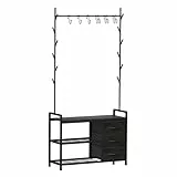 Leader Accessories Garderobenständer mit Bank Metallgarderoben rustikal Kleiderständer 176x30x84cm (HxTxB) Schwarz/Schwarze Holzmaserung