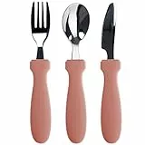 OLGS Silikon Besteck Edelstahl Kinderbesteck 3-teilig | Esslernbesteck, Babybesteck, Babylöffel Baby Gabel Löffel Esslernlöffel Muted | Lernlöffel, Babygabel Kindergeschirr Fütterungslöffel für Kinder