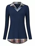 KOJOOIN Damen Bluse Oberteil mit Hemdkragen Langarm Farbblock Hemdbluse V-Ausschnitt Hemd Dunkelblau kariert 1 L