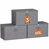 Lifewit 60L Aufbewahrungsbox mit Deckel, Faltbare Aufbewahrungsboxen aus Vliesstoff mit Griff, Faltbox Schrank Organizer, Kleideraufbewahrung, Grau, 56 x 32 x 33 cm, 3er-Pack