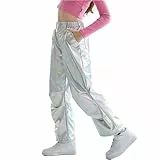 LOLANTA Kinder Glänzende Metallische Tanzhose Retro Hip Hop Tanz Outfit Lose Passform Cargo Hosen Elastische Taille Streetwear, Lasersilber, 12-13 Jahre, 170