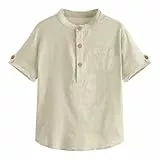 Haloumoning Jungen Kurzarm Hemden Henley Shirt Button Up Baumwolle Oberteile Casual Hemd mit Brusttasche Beige 140