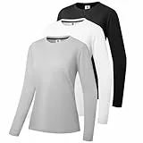 3er-Pack Damen Baumwoll Langarm T-Shirts Rundhalsausschnitt Feuchtigkeitstransportierende Shirts Bequeme Freizeit Oberteile Schwarz/Weiß/Grau-01-M