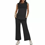 Loungewear-Sets für Damen, UK-Trainingsanzüge, ärmellos, 2-teiliges Outfit, Rundhalsausschnitt, Oberteile, passendes breites Bein, Reise-Lounge-Sets, Schwarz , S