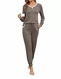 Namatime Schlafanzug Damen Lang Baumwolle Pyjama Set Zweiteiliger Nachtwäsche V-Ausschnitt Sleepwear Winter Loungewear mit Taschen Kaffee Grau S