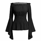 ABEHIK Damen Mittelalter Oberteil Falten Ärmelstulpe Korsett Bluse Gothic Off Shoulder Top Langarm Renaissance Trachtenbluse Shirt schwarz S