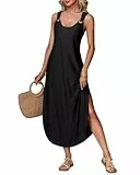 Tanmolo Luftiges Damen Maxikleid tiefem V-Ausschnitt, Ring-Trägern Seitenschlitz – Leichtes, bequemes Sommerkleid im Casual-Stil für Alltag, Strand, Urlaub Freizeit M Schwarz