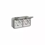 LEGRAND, Plexo Classic Feuchtraum-Aufputz-Schutzkontakt-Steckdose, 2-fach (SL), horizontal, vorverschient, 16 A/250 V, IP44 - IK07, grau, 069742