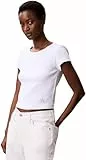 Calvin Klein Damen T-Shirt Kurzarm Woven Label Rib Baby Tee mit Rundhalsausschnitt, Weiß (Brilliant White), S