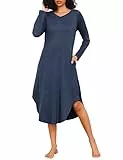 Marvmys Nachthemd Damen Lang Baumwolle V-Ausschnitt Sexy Nachthemden Schlafhemd Sleepwear Damen Nachtwäsche mit Taschen S-3XL