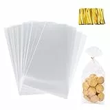 Cellophantüten Klar, 100pcs, Mit 100 Metallischen, Bindebaender, Süßigkeiten Tüten Transparent, für Geburtstag, Hochzeit, Weihnachtsfeier, 20 x 30 cm
