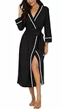 PrinStory Bademäntel Damen Leichter Kimono Roben 3/4 Ärmeln Damen Morgenmäntel Lange Nachtwäsche Lässig Loungewear Saunamantel (Schwarz, M)