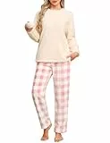 Niwicee Schlafanzug Damen Pyjama Damen Winter Thermo Lang Fleece Weihnachtsschlafanzug Kuschel Warm Pyjama Set Schlafanzug Langarm Hausanzug Flauschig PjS mit Taschen (Beige+Rosa, XL)