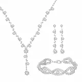 Emibele Damen-Schmuck-Set, Funkelndes Zirkonia-Schmuckset Strass-Kristall-Anhänger-Halskette Ohrringe Gliederarmband, Statement-Schmuck Geschenke für Frauen Hochzeit Jahrestag Geburtstag Party, Silber