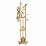 VASAGLE Garderobenständer, Kleiderständer mit 11 Haken und 3 Ablagen, 4 drehbare und abnehmbare Rollen, Haken und Haltestangen aus Massivholz, Eingang Schlafzimmer Wohnzimmer, naturfarben RCR023YK01