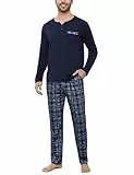 Bresdk Schlafanzug Herren Pyjama Set Lang Baumwolle Winter Nachtwäsche Männer Blau XL