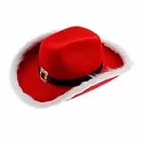 LIGIGWASH Roter Western Cowgirl Hut mit Weißer Krempe und Festlichen Federn Weihnachtsmann Stil Kuscheliges Weihnachts Accessoire für Damen und Herren für Xmas Partys und Western Kostüm