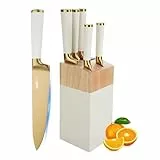 Justup Messerset, Weiß 6-tlg Edelstahl Messer Set mit Block und Integriertem Messerschärfer, Ultra Scharf Messer Block Set mit Bequemen Griff, Professionelles Küchenmesser Set für Kochmesser (Weiß)