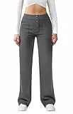 Friptspyg Hose Damen Hohe Taille Weite Hose Knopf Gerades Bein Hose Casual Arbeit Hose Stretch Yogahose mit Taschen, Dunkelgrau M