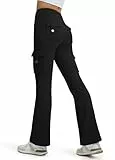Libin Damen Thermo Flared Leggings 31' Wasserabweisend Winter gefütterte Thermohose Wanderhose Sporthose Schlaghose Yogahose Cargohose Bootcut Hose mit Taschen, Schwarz L