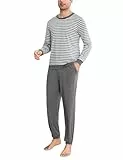 Bresdk Schlafanzug Herren Lang Pyjama Streifen Langarm Baumwolle Winter Schlafanzüge für Herren Pyjamahose Zweiteilig Set Nightwear Grau XL